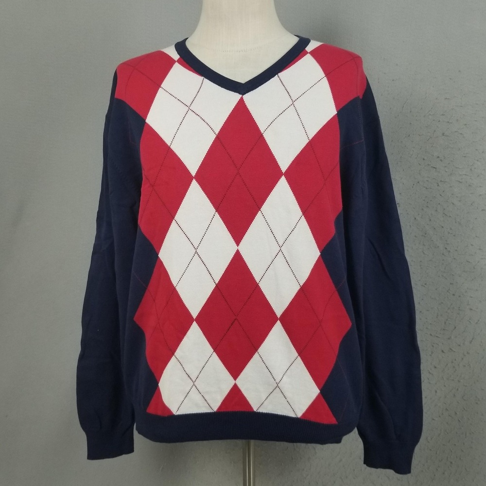 Jos. A. Bank Leadbetter Golf Sweater Mens Large Blue Argyle V Neck Cotton Knit